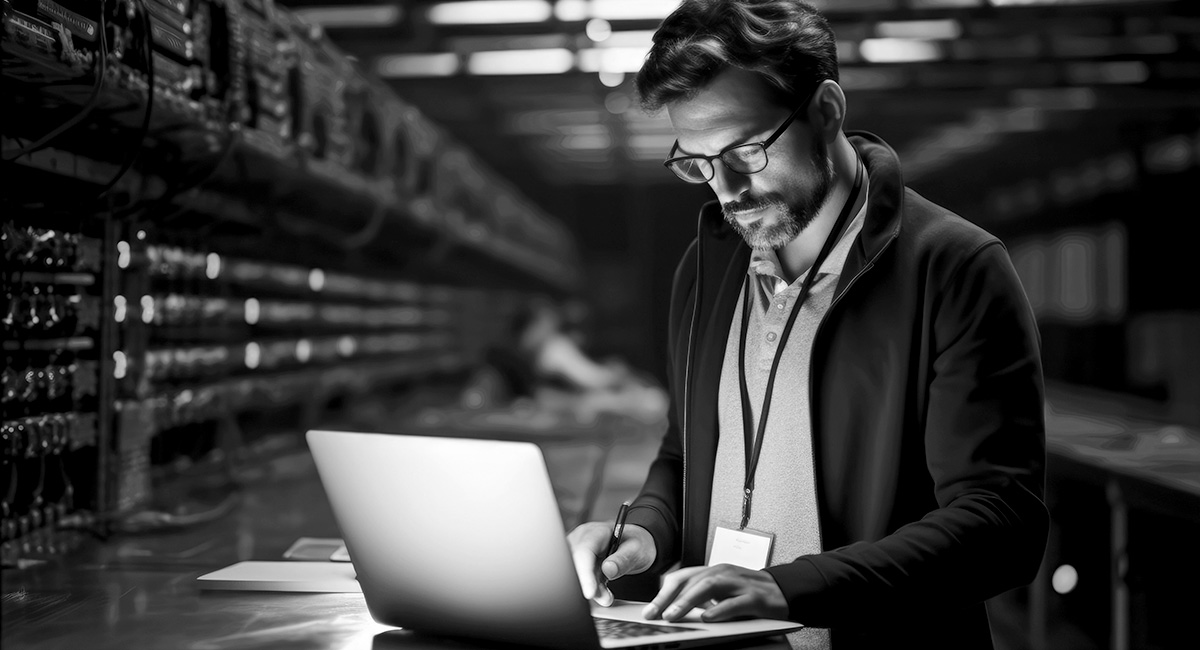 man on laptop in server room